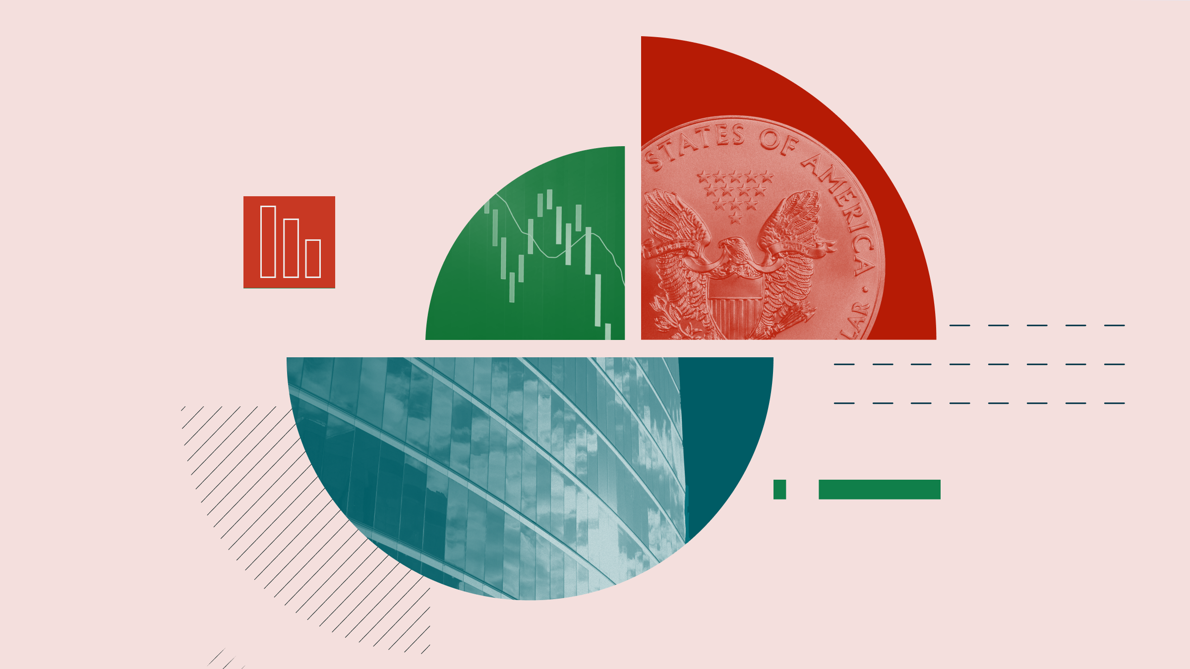 Illustrazione a collage con una moneta da un dollaro americano, un tabellone che mostra un andamento negativo del mercato e un edificio per uffici.