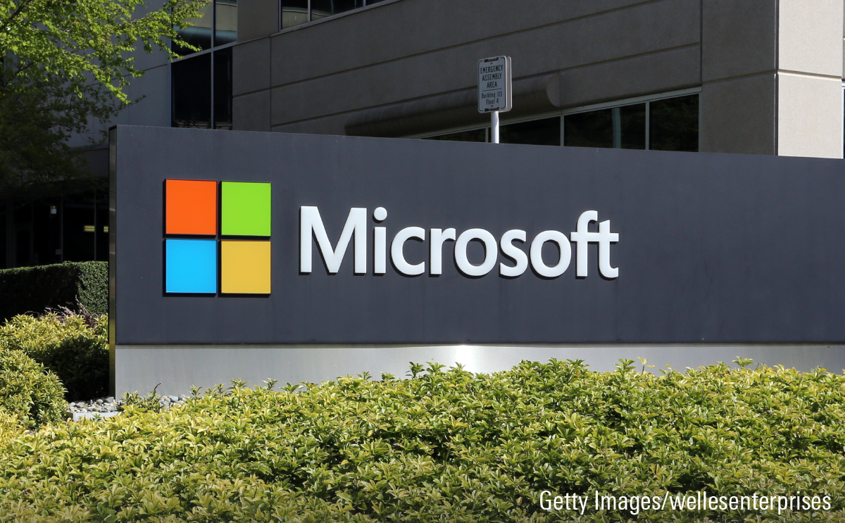 Microsoft's logo displayed outside the company headquarters.