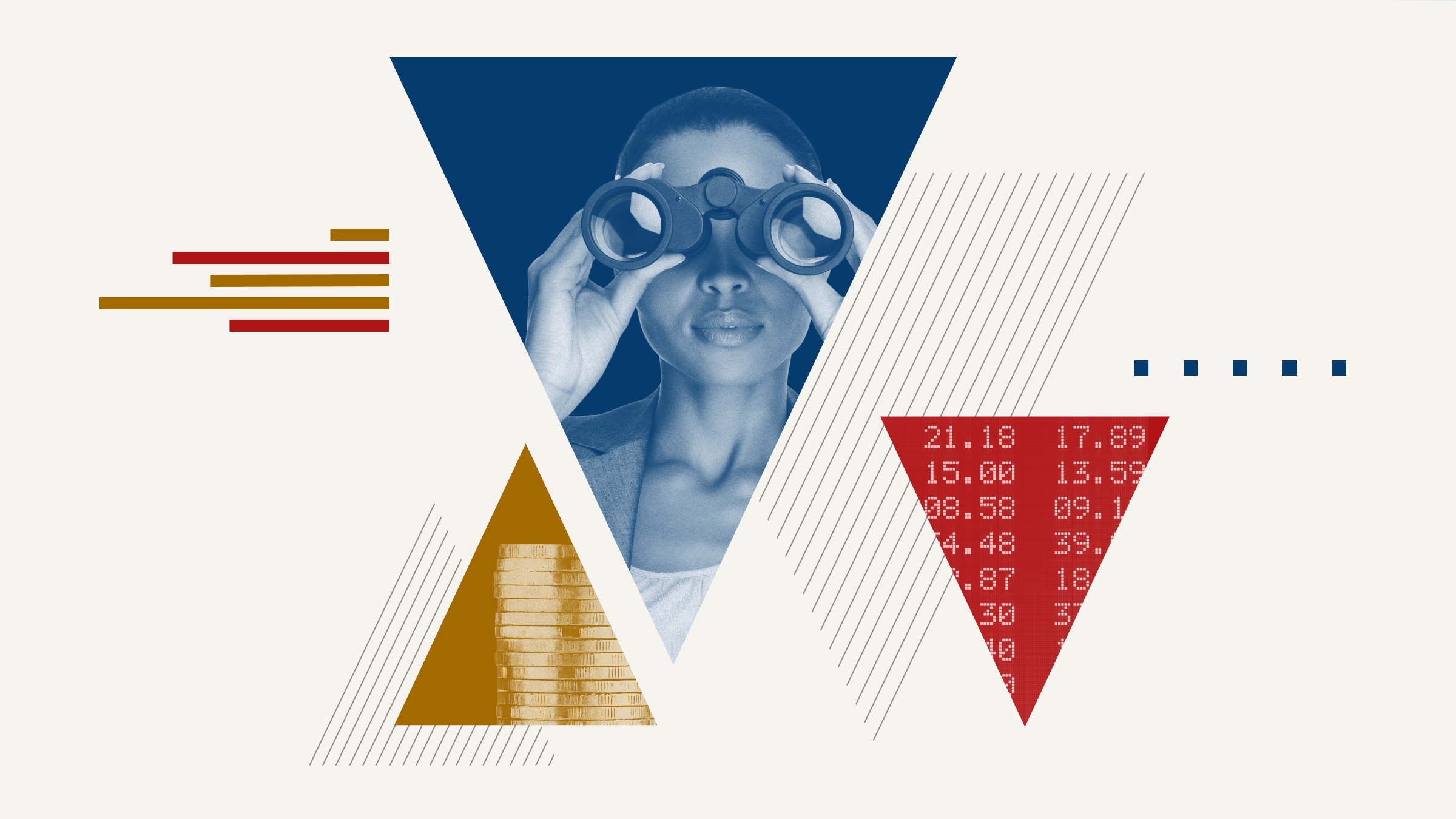 Illustration of market volatility with images of a woman with binoculars, stock ticker, and coins inside up and down arrow-shaped masks