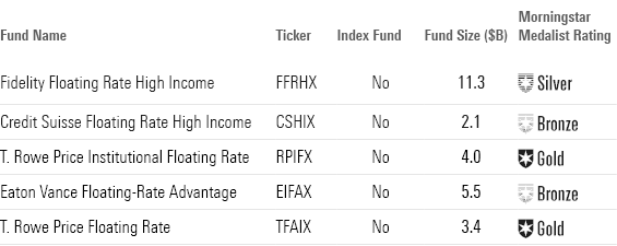 This table shows the top-performing bank-loan funds along with their fund size and Morningstar Medalist Rating.
