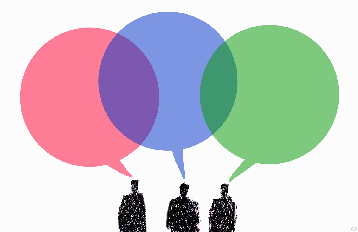 People with speech bubbles overlapping