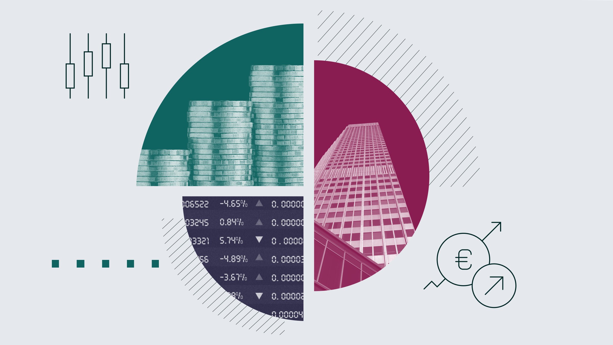 Collage ilustrativo de un gráfico circular con imágenes del Banco Central Europeo, una pila de monedas y un teletipo.
