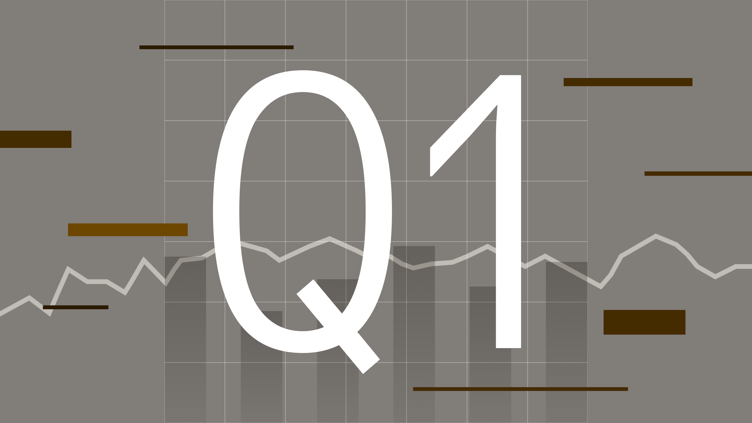 Illustration of chart elements on a grey background with 'Q1' at the center, showing a neutral quarter