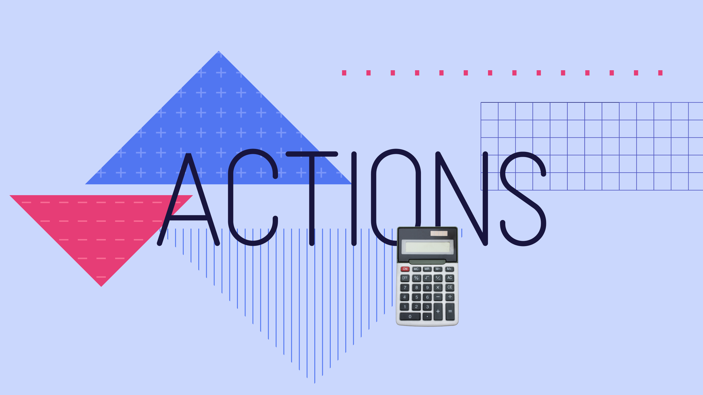 Collage illustration with the text "Stocks" at the center and a calculator and graphical elements in the background.