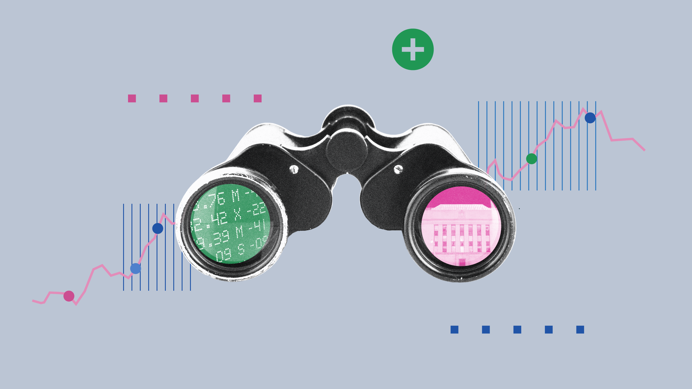 Illustration sur des jumelles avec des éléments graphiques et un graphique de série temporelle en arrière-plan