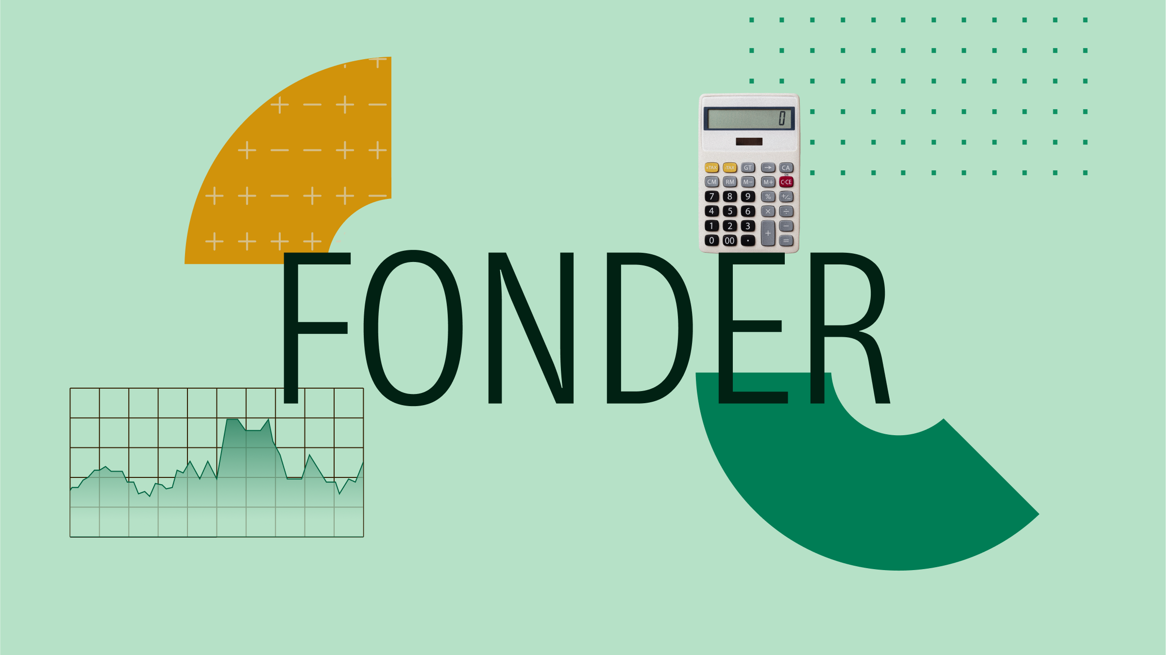Collage illustration with the text "Fonder" at the center and a portfolio and graphical elements in the background.