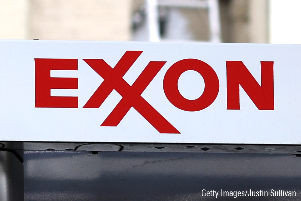 Exxon logo at gas station.