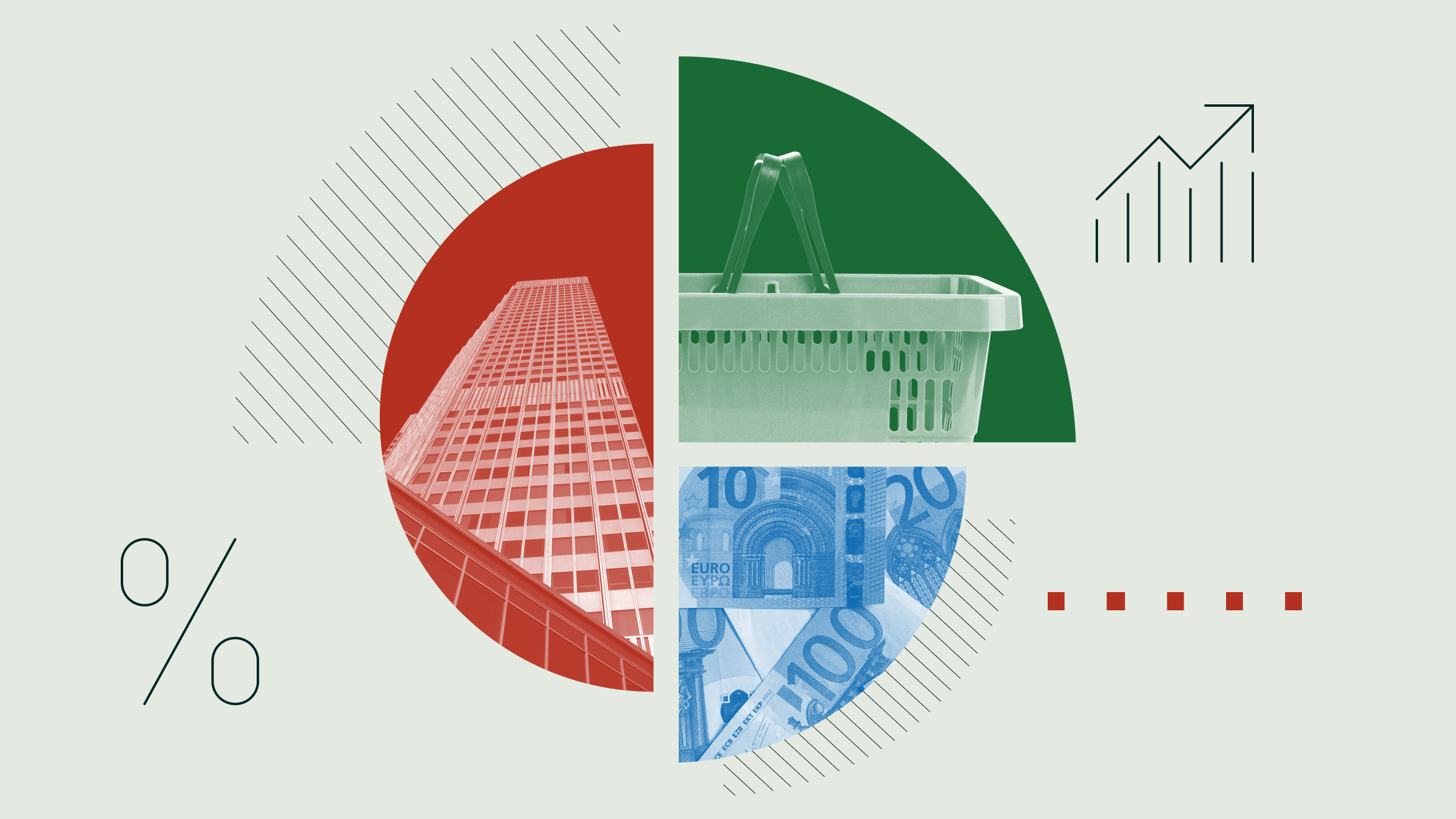 Collage illustration of a pie chart with images of the European Central Bank, a shopping cart, and banknotes.