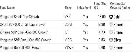 This table shows the top performing small growth ETFs along with their fund size and Morningstar Medalist Rating