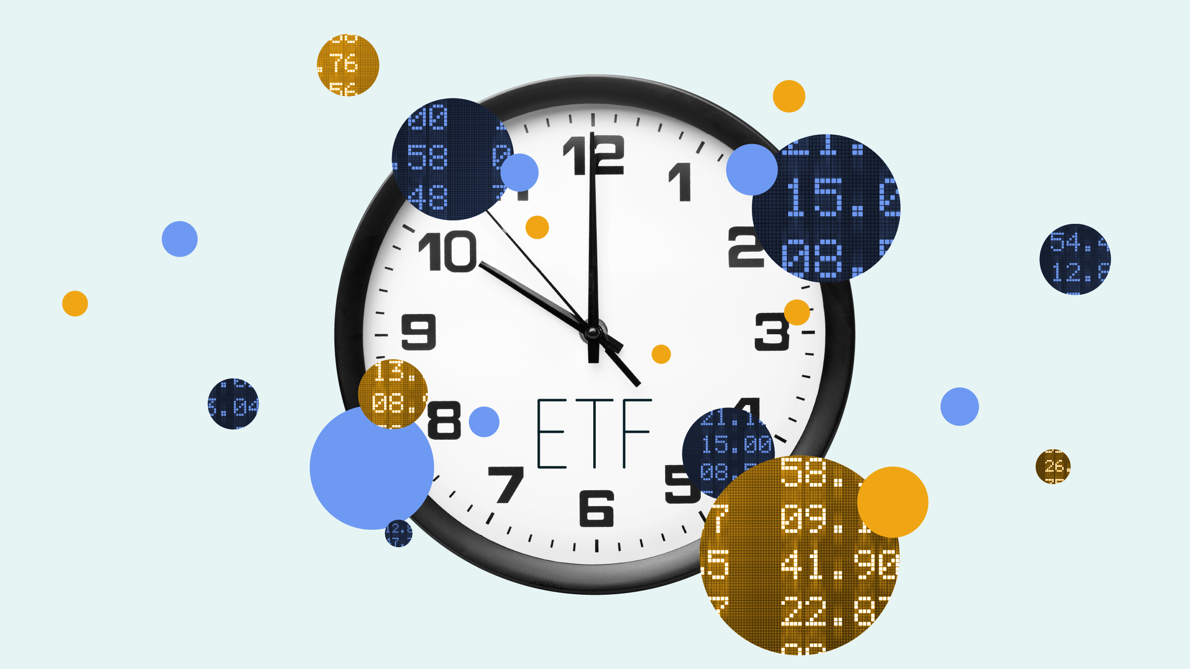 Collage illustration of the word "ETF" with a clock and shapes in the background.