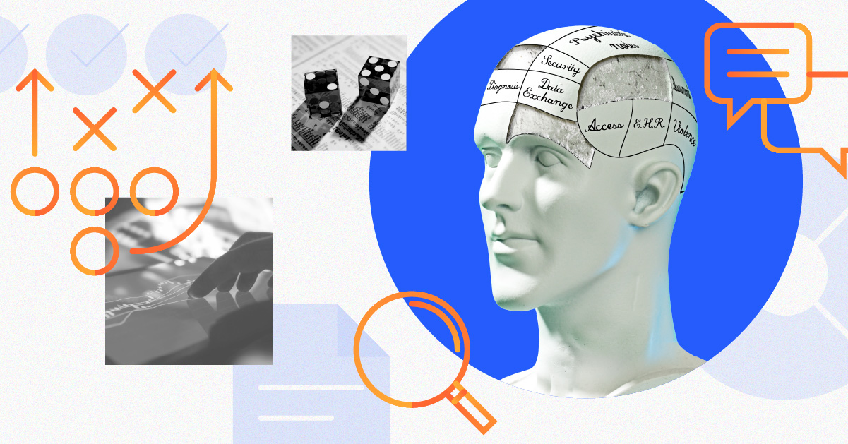 Collage of phrenology head, dice and performance charts along with outlined decorative illustrations