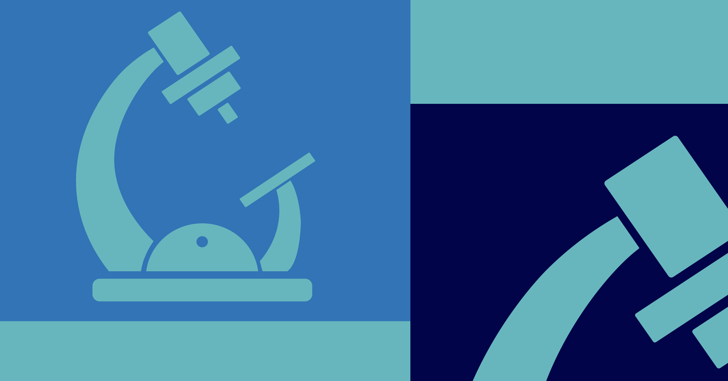 Illustration of a teal microscope outlined in blue and part of a second teal microscope outlined in black in front of a teal background depicting the biotechnology industry