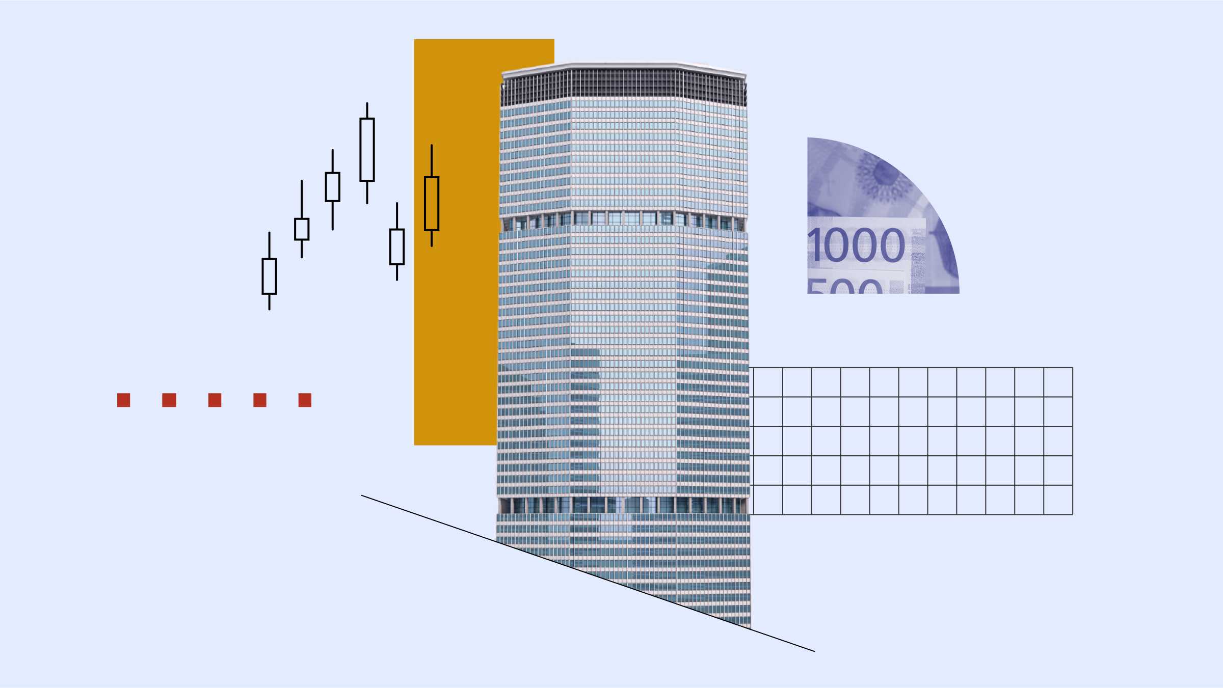 Collage illustration featuring company building with imagery of stock whiskers and market performance in the background