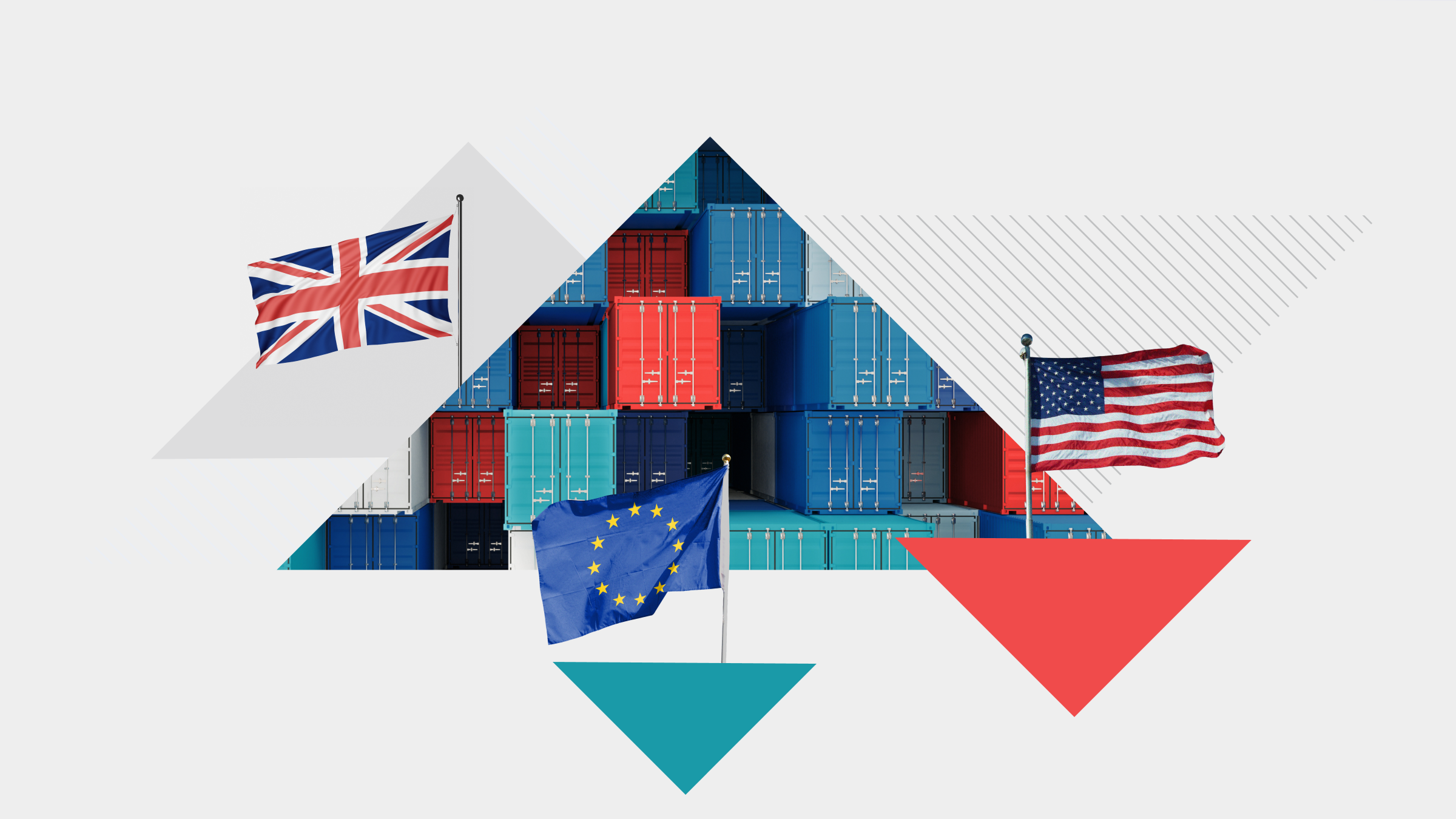 Collage illustration of a cargo ship, U.S., U.K., and E.U. flags, and volatility symbols.