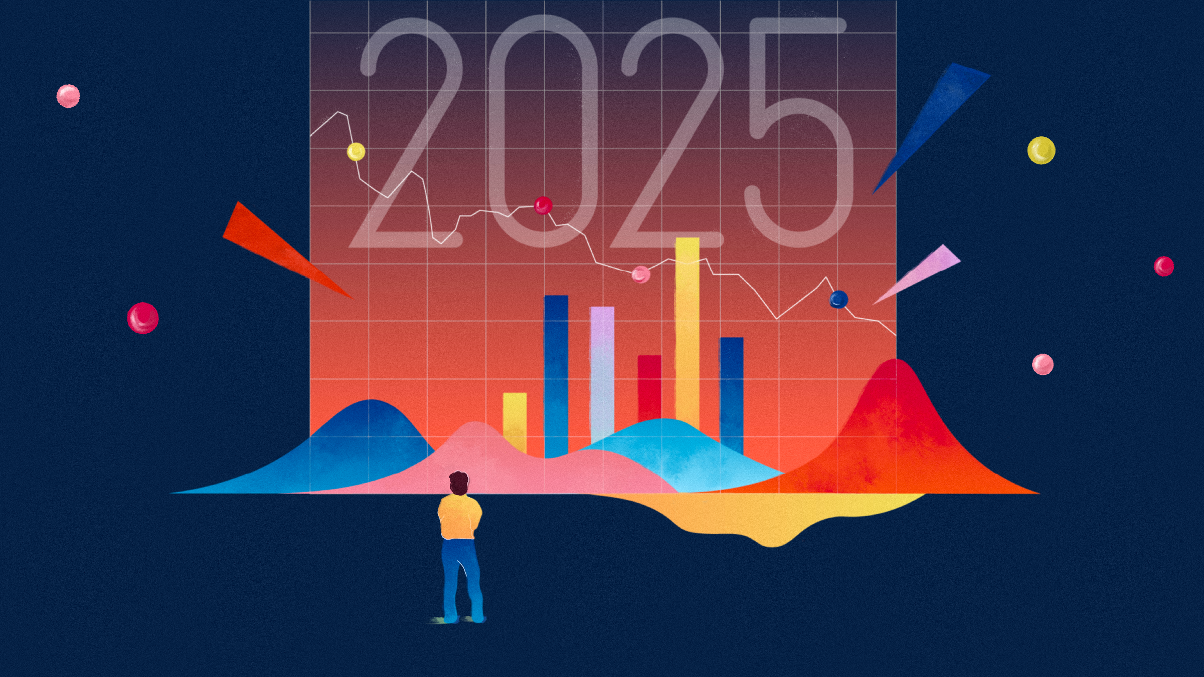 Illustration d'éléments graphiques avec l'année "2025" au centre et une personne regardant au loin.