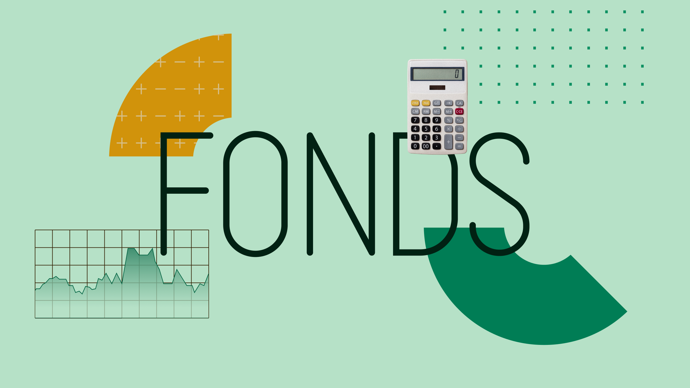 Collage illustration with the text "Funds" at the center and a portfolio and graphical elements in the background.