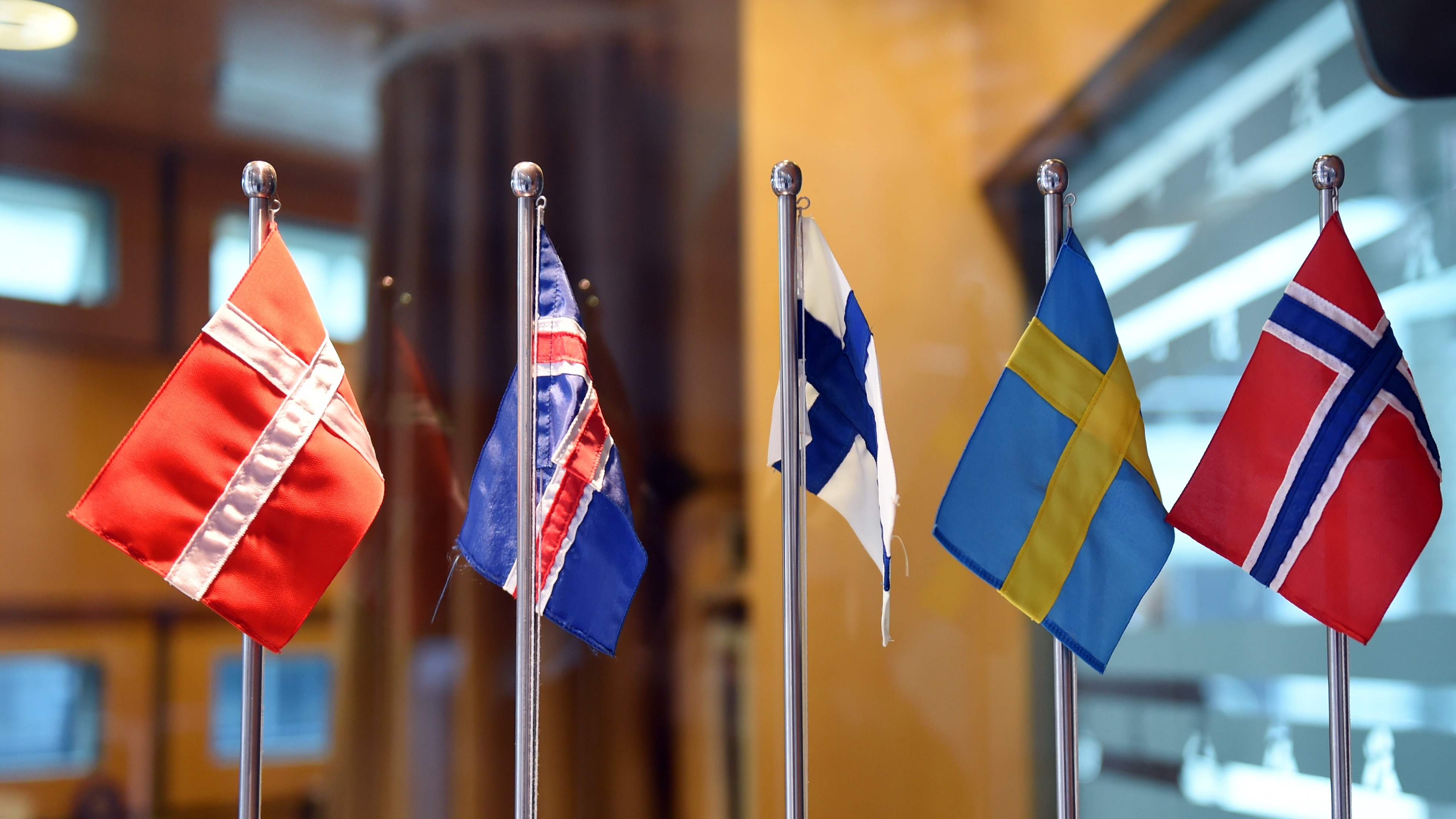 De vlaggen van Denemarken (l-r), IJsland, Finland, Zweden en Noorwegen staan tijdens de presentatie van prins Daniel von Schweden op 11.04.2016 in de Nordischen Botschaften in Berlijn.