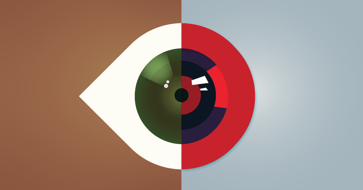 Illustration of AI robot eye depicted by side-by-side of a human eye and a camera lens