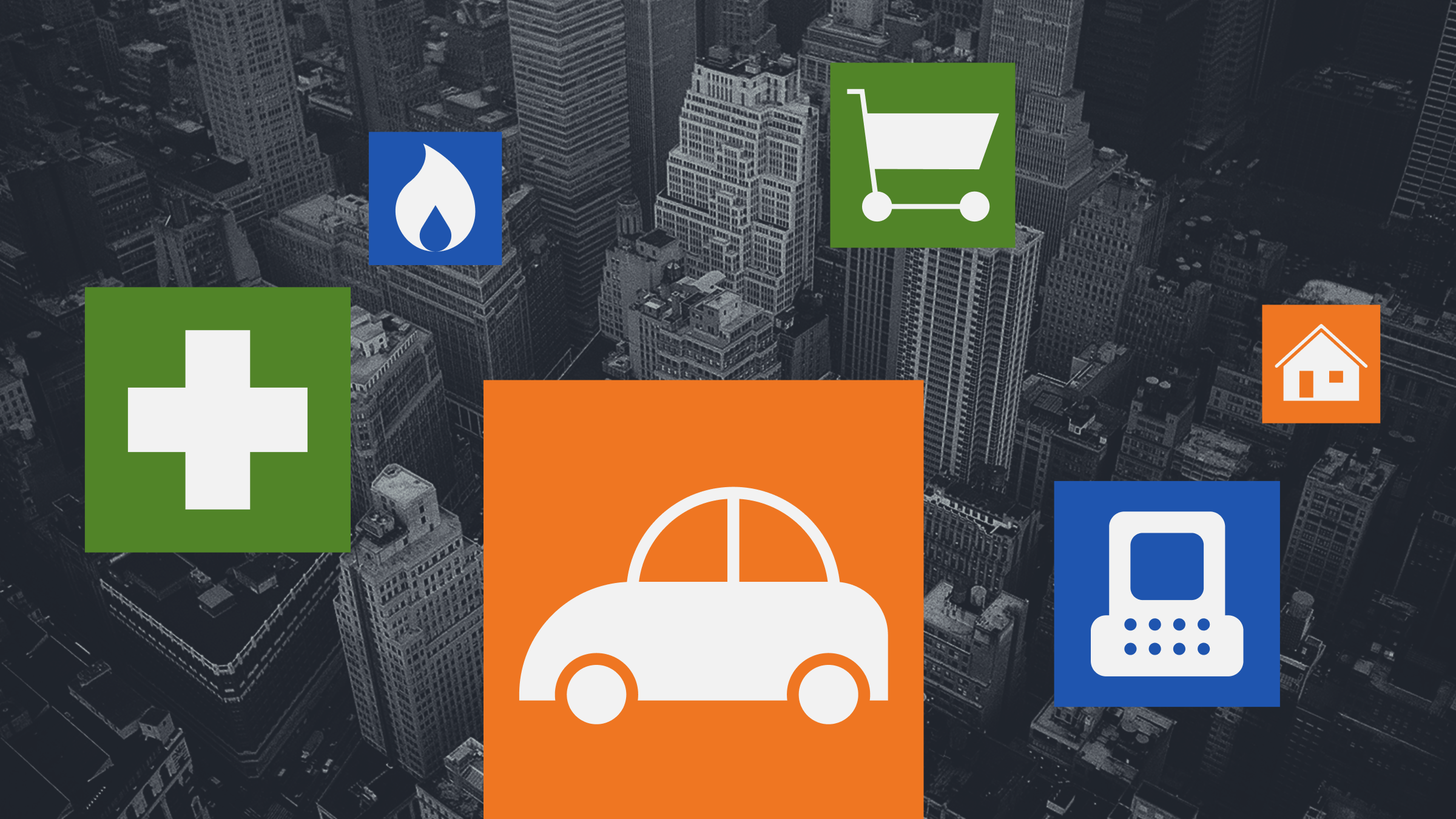 A collage illustration showing a black-and-white aerial cityscape with icons representing sectors like Consumer Defensive, Communications, Consumer Cyclical, and Real Estate.