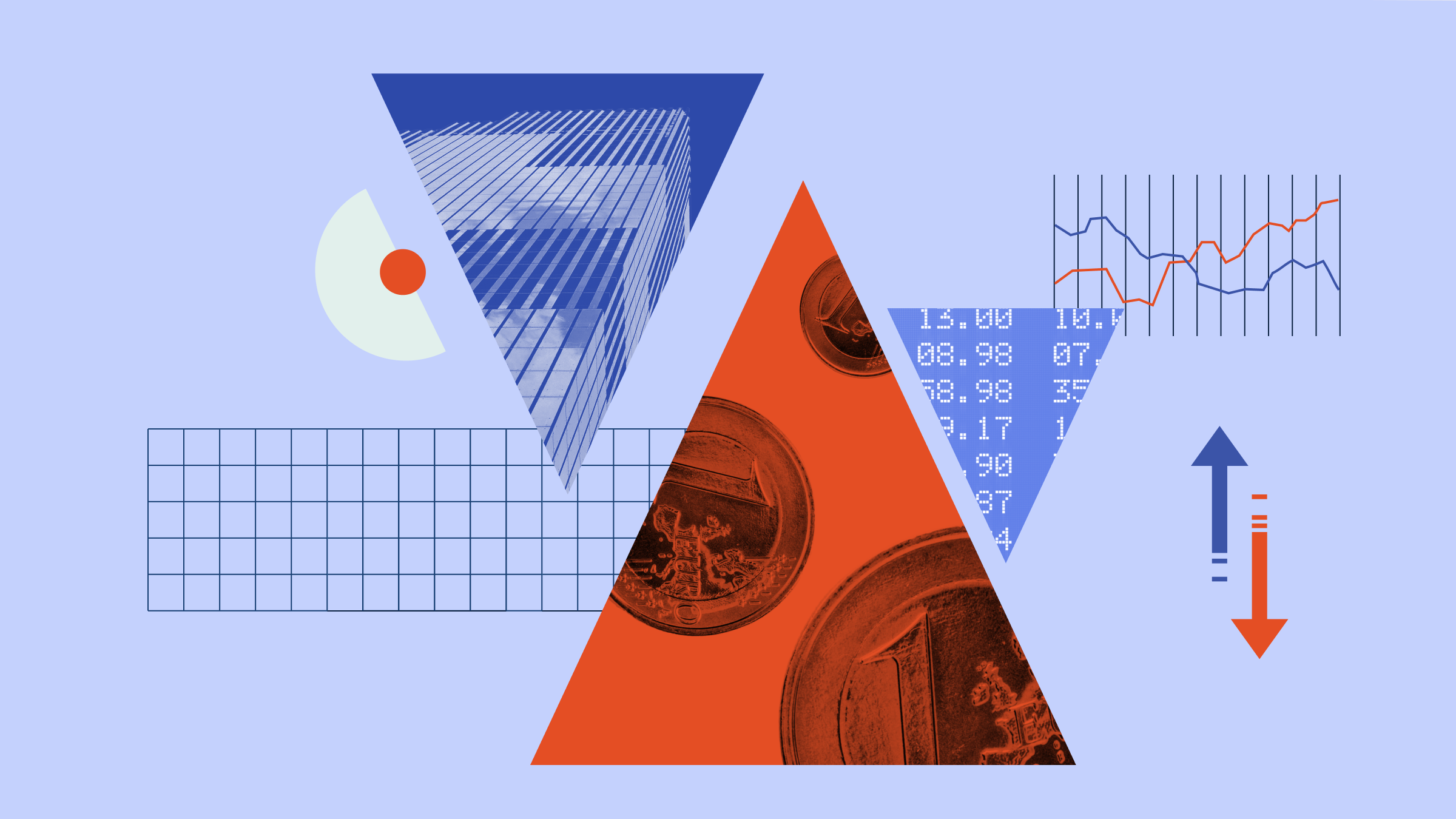 Illustrazione a collage con triangoli che puntano verso l'alto e verso il basso, con fotografie di monete e di un edificio cittadino integrate nel disegno, insieme a vari elementi grafici.