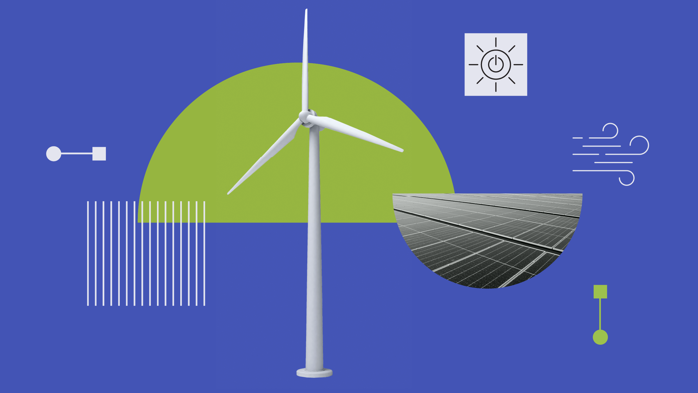 Collage of images showcasing clean energy, highlighting wind turbines and solar panels, along with icons representing sustainability.