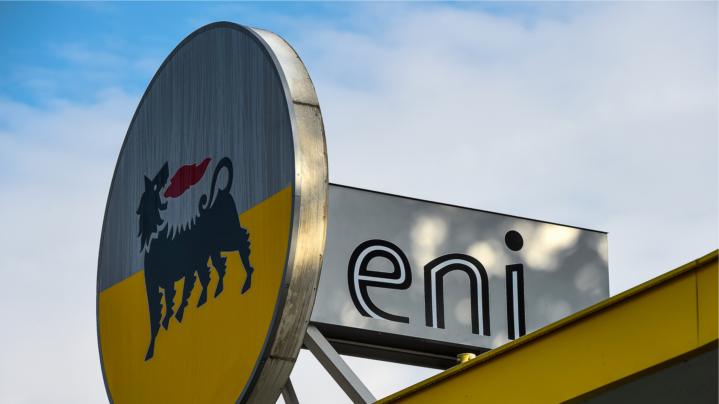 The sign for Eni (Ente Nazionale Idrocarburi) is seen at a Eni petrol station.