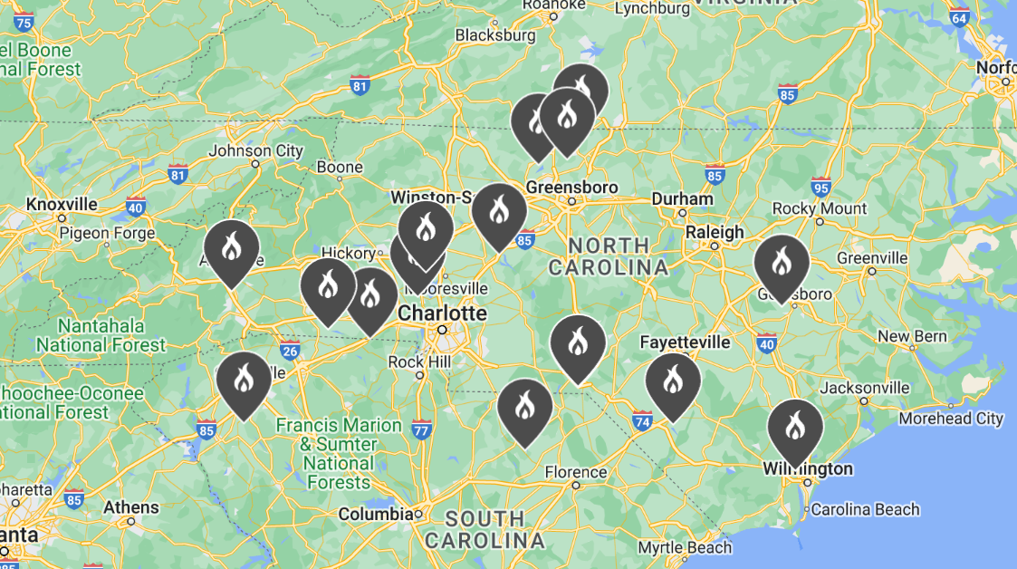 Map of Duke energy power plants and battery storage sites.