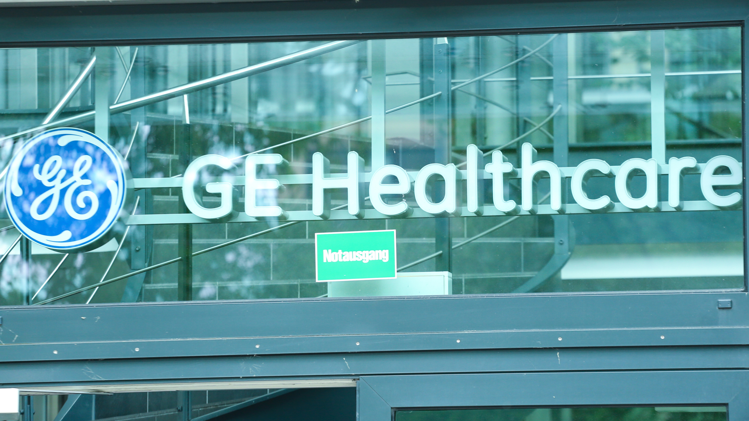 The logo of General Electric (Healthcare) is seen on building exterior.