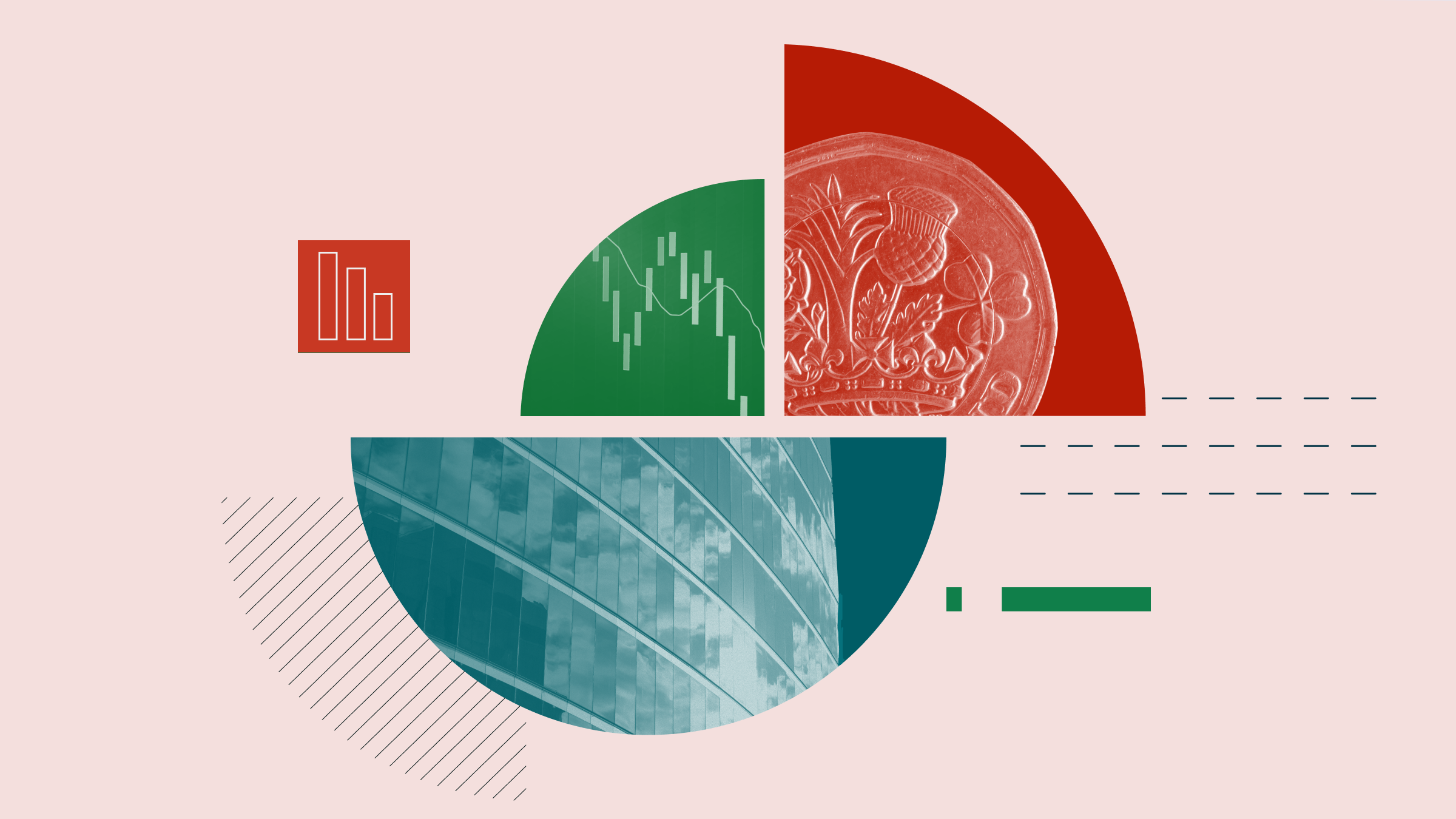 Collage illustration featuring a one-pound sterling coin, a ticker board showing a negative market trend, and an office building.