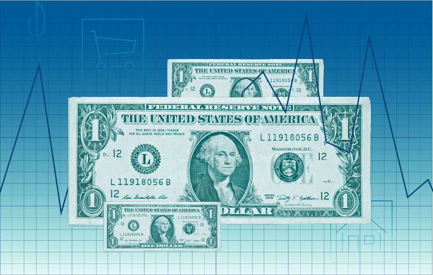 Photograph of three one-dollar bills on a background of a graph and gridded background