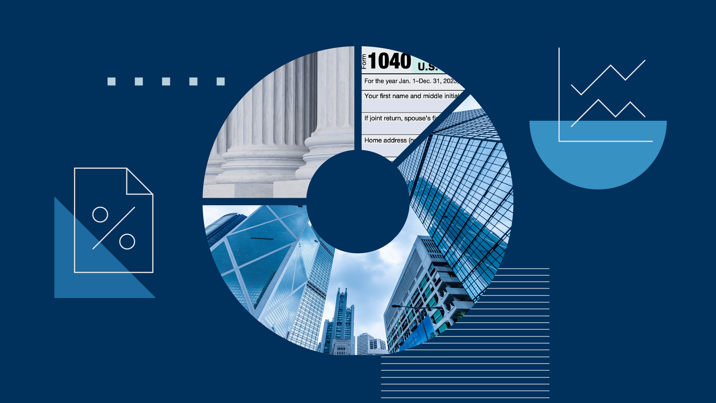 Collage illustration a donut chart featuring imagery of cityscape, government building, and a 1040 form.