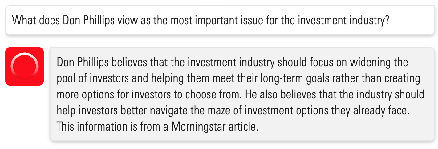 Screenshot from Morningstar's new AI chatbot, Mo, answering the question "What does Don Phillips view as the most important issue for the investment industry?"