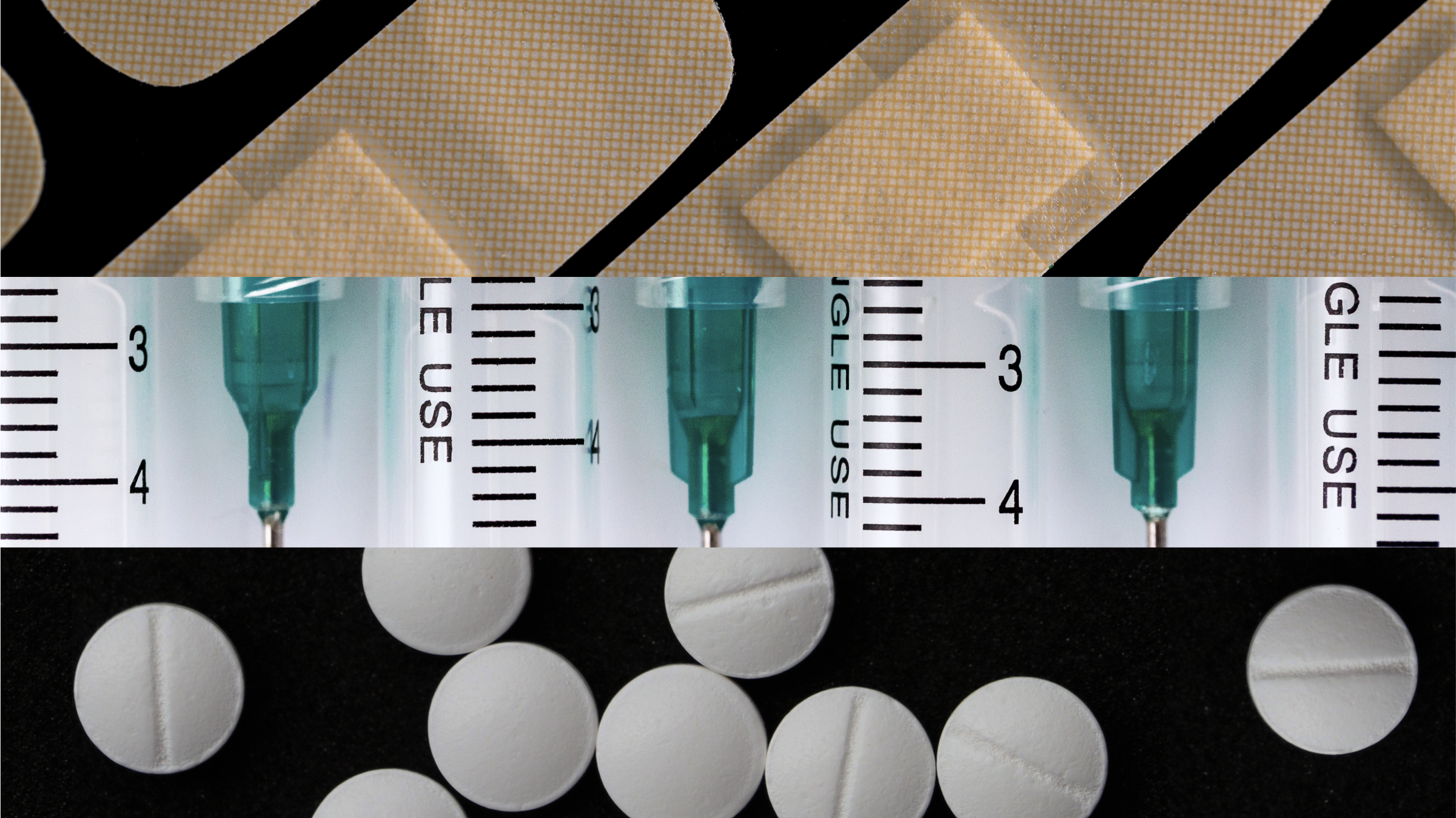 Collage illustration featuring imagery of band aids, syringes, and pills.