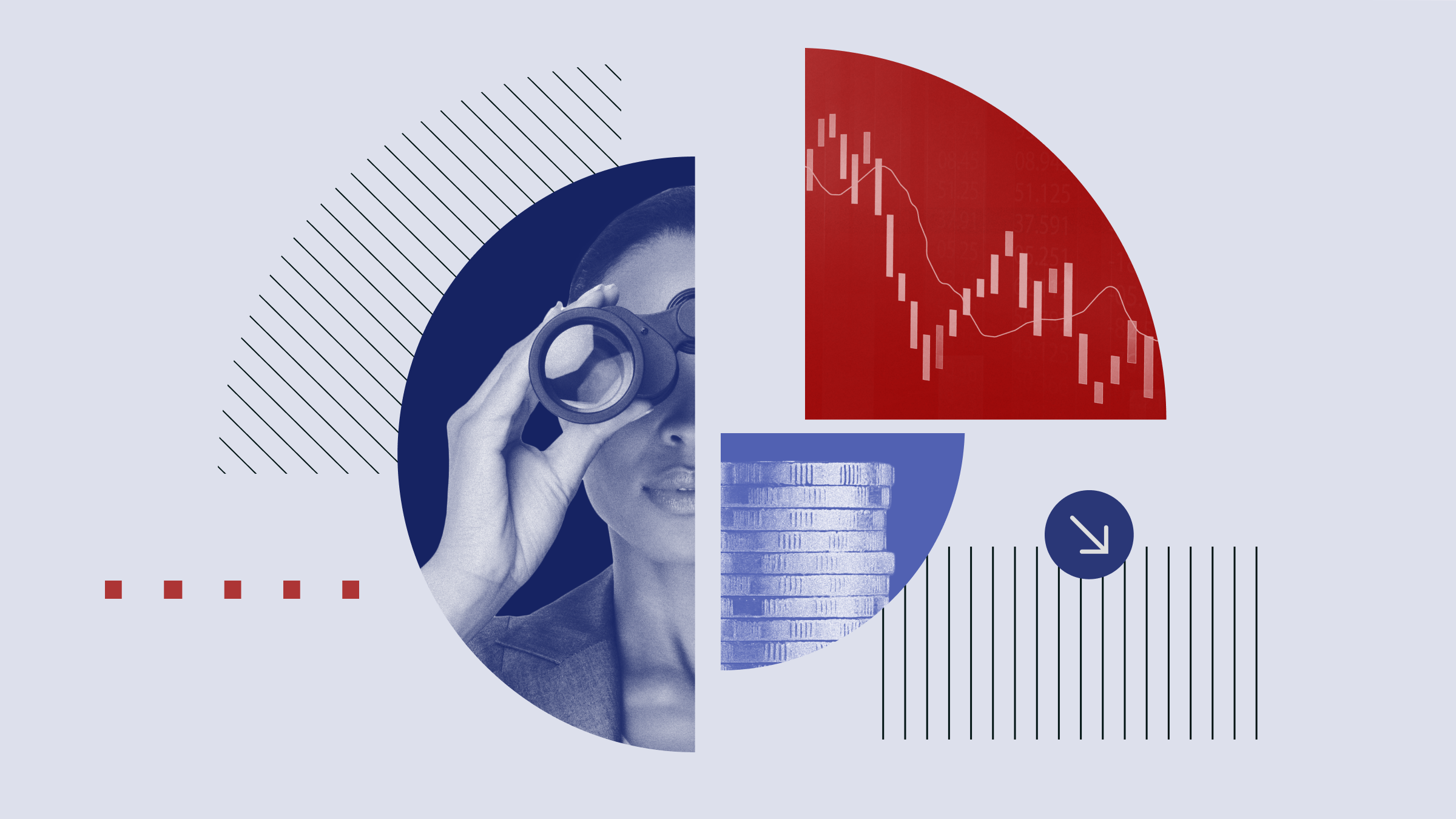 Collage-illustration d'un diagramme de tarte avec un investisseur qui se compose d'un verrekijker, d'une agrafe et d'un diagramme à moustaches.
