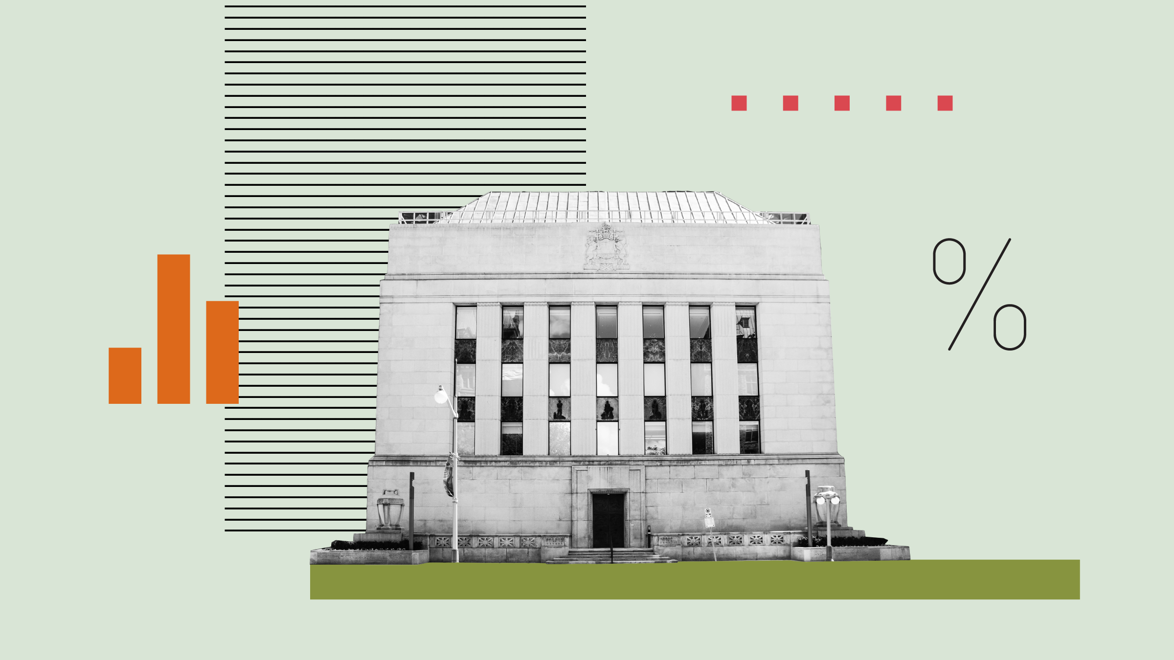 Collage illustration of the Bank of Canada with background shapes and icons