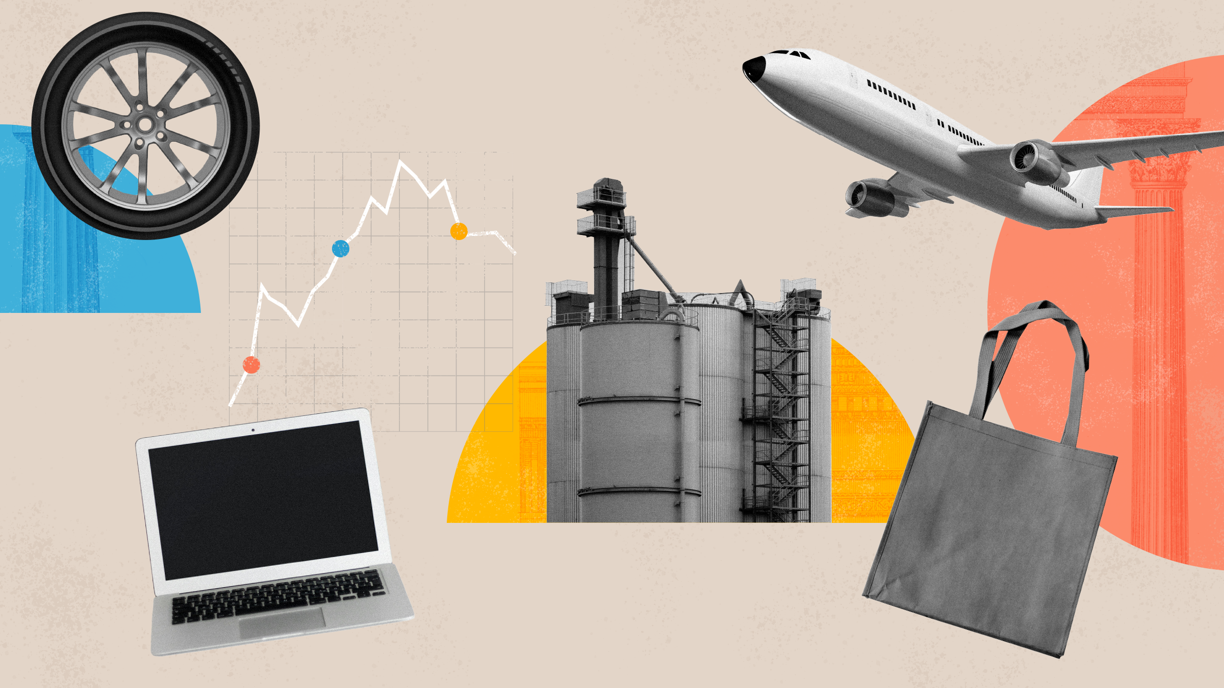 Collage with factory, plane, computer, tire, and shopping bag to represent the state of economy.