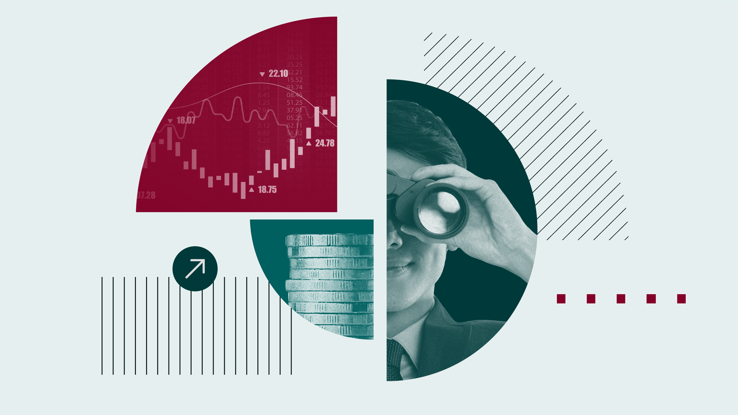 Collage illustration of pie chart featuring an investor holding binoculars, a stack of coins, and a whisker chart.