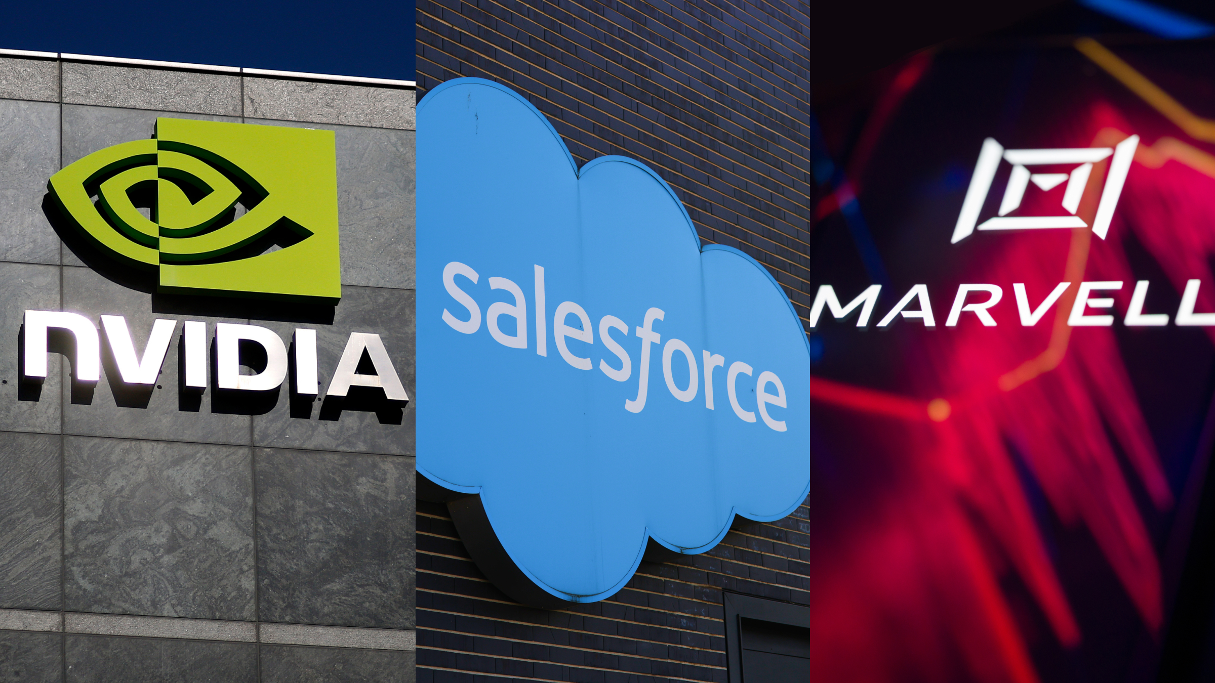 A general view of the Nvidia logo, Salesforce logo and Marvell Technology logo.