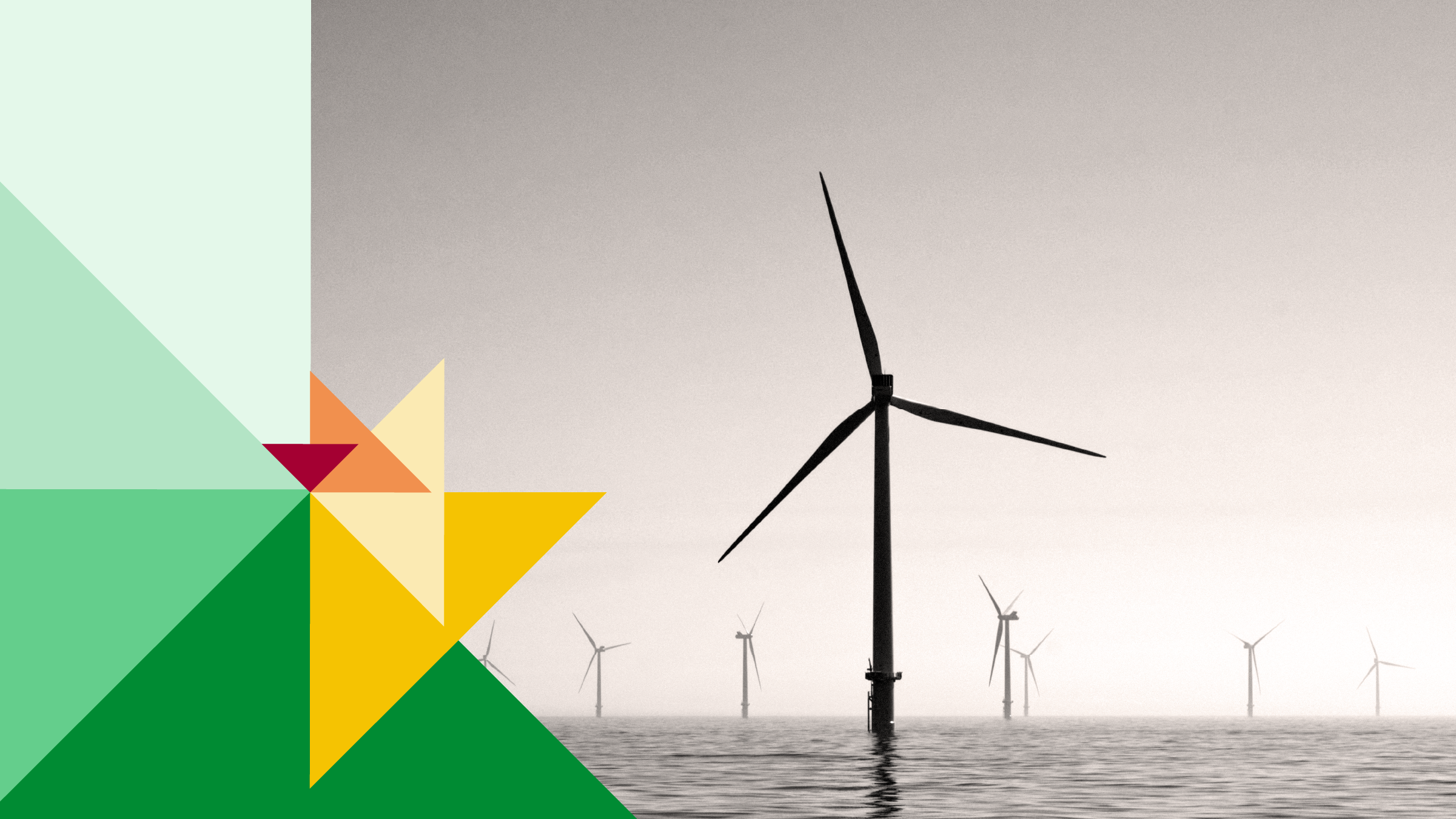 Photo collage of a green, yellow, and red spiral next to a black and white photograph of Wind Turbines in water.