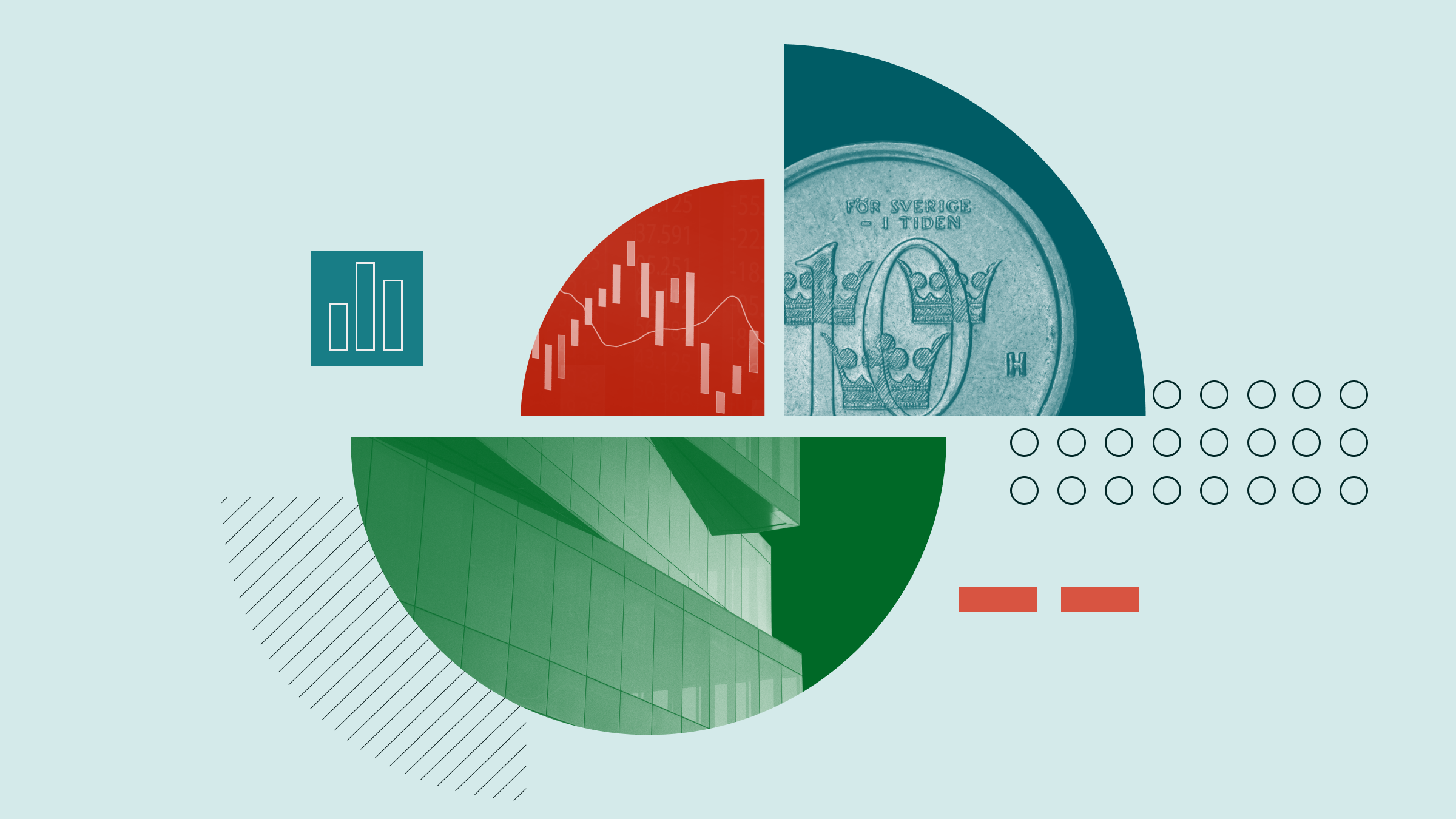 Collage illustration featuring a Swedish Krona, a ticker board showing a neutral market trend, and an office building.