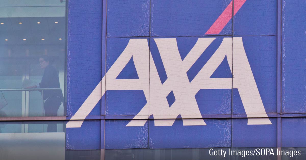 French insurer AXA SA logo displayed on a building.