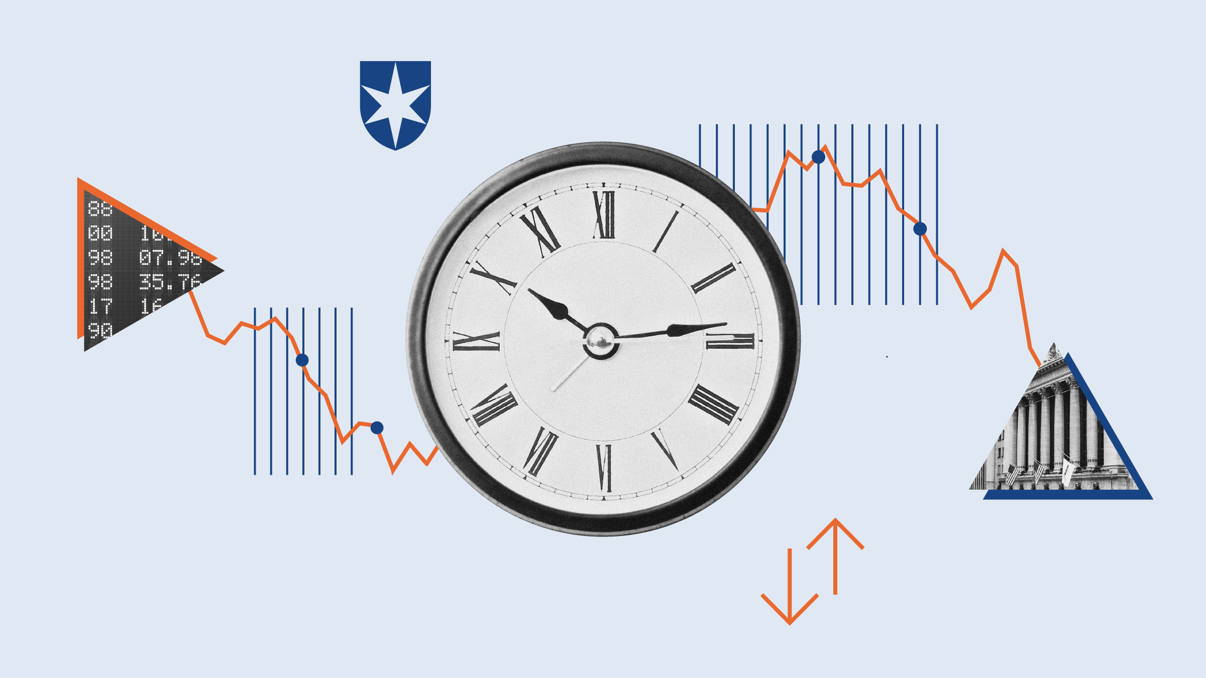 Illustration collage of clock with graphical elements pointing up and down