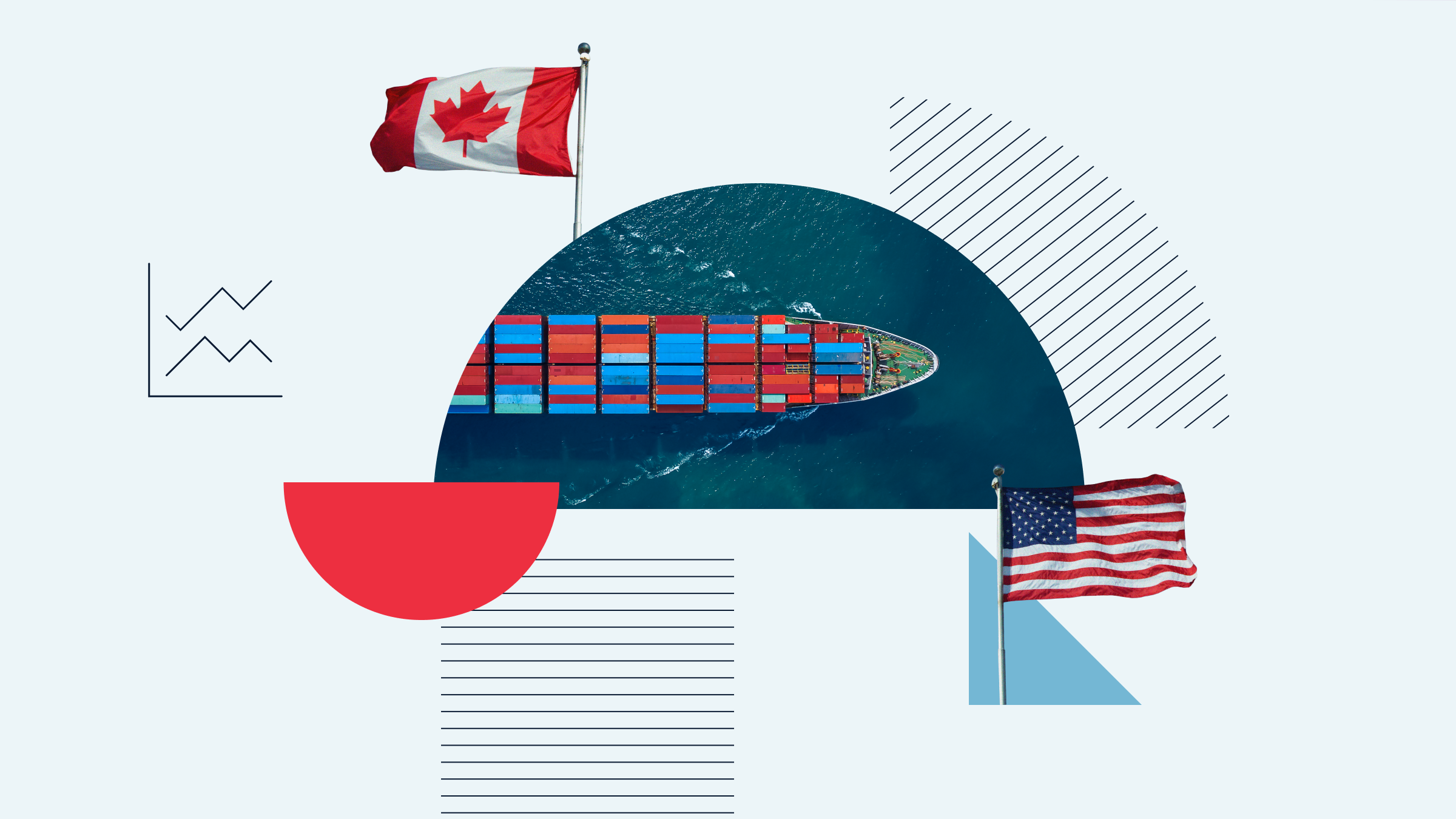 Collage illustration of a cargo ship, U.S. and Canada flags, and volatility symbols.