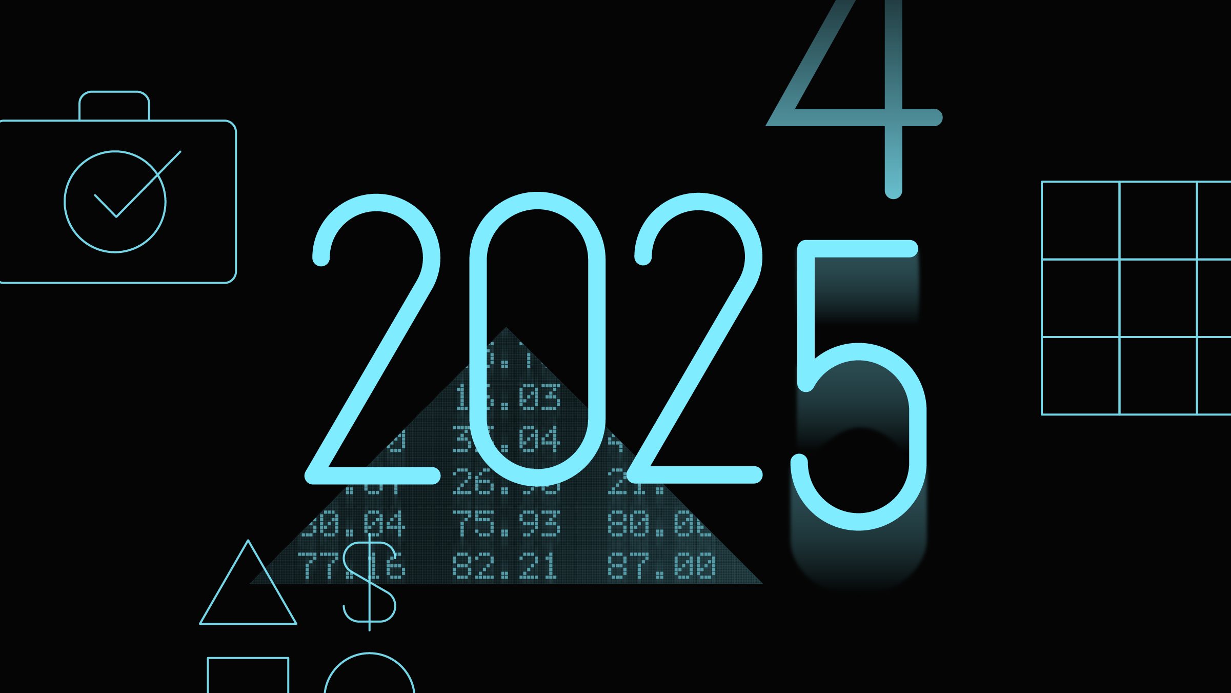 Collage with the year &quot;2025&quot; at the center, a fading numeral 4 above, and icons and photos in the background