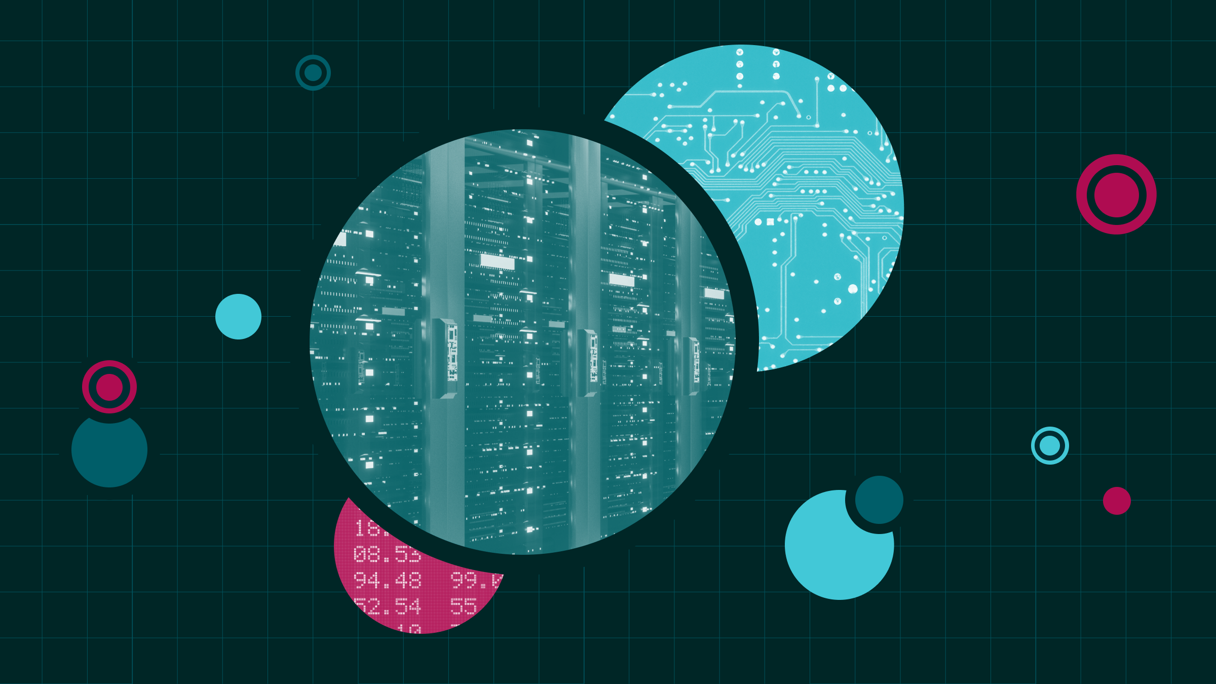 Collage-illustratie met afbeeldingen van een technologisch databasecentrum en halfgeleiders op een scatterplot.