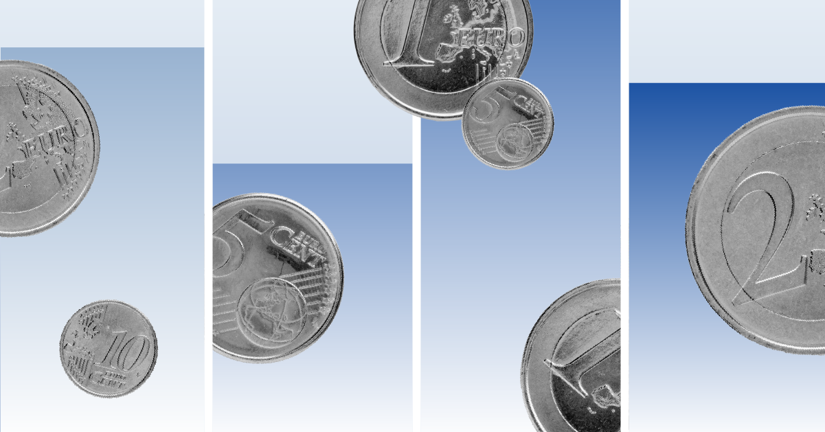 Photo collage illustration of bar graphs with floating euro coins