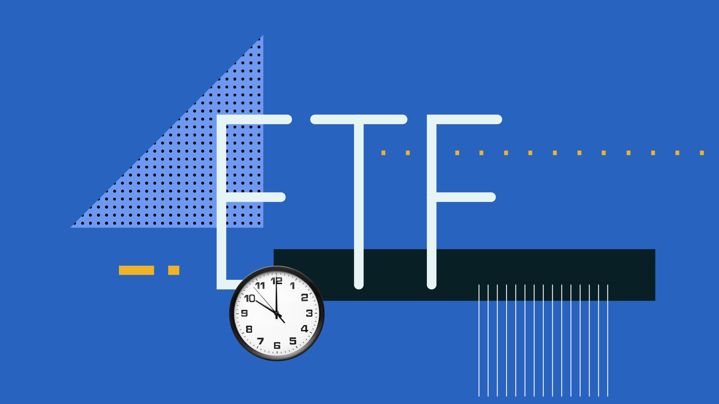 Collage illustration of the word &quot;ETF&quot; with a clock and shapes in the background.