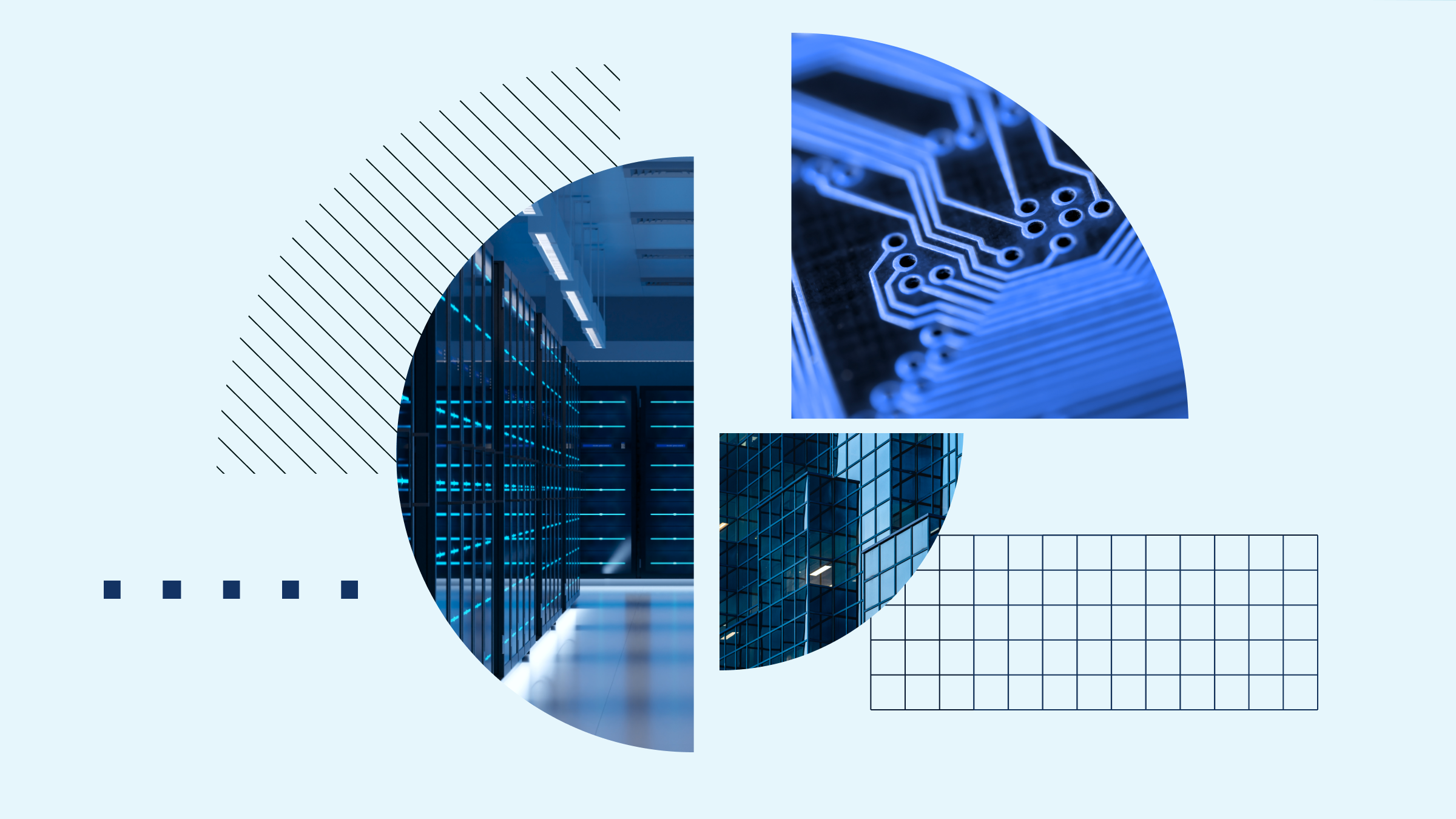 Collage illustration featuring a database center, semiconductors, and buildings within a pie chart.