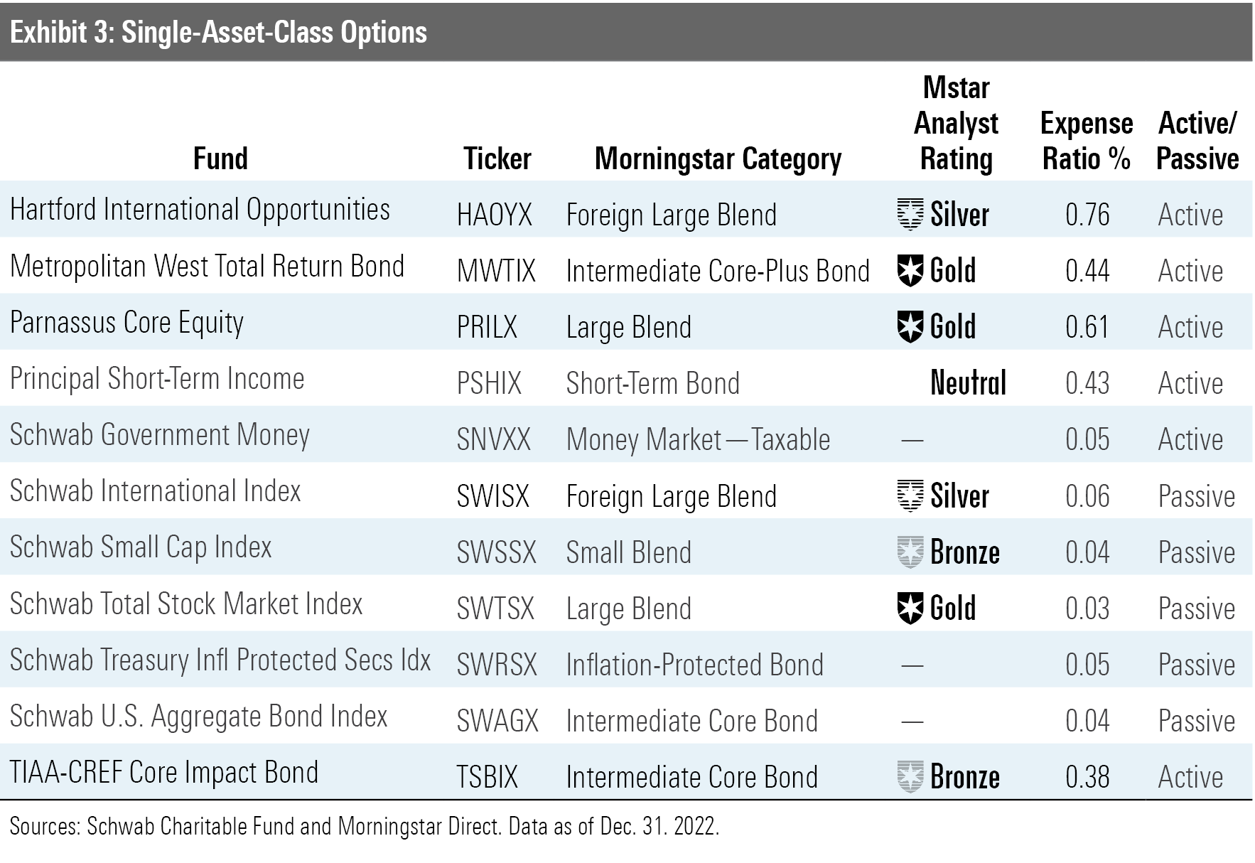 A table showing the single asset-class investment options available in the Schwab Charitable Fund.