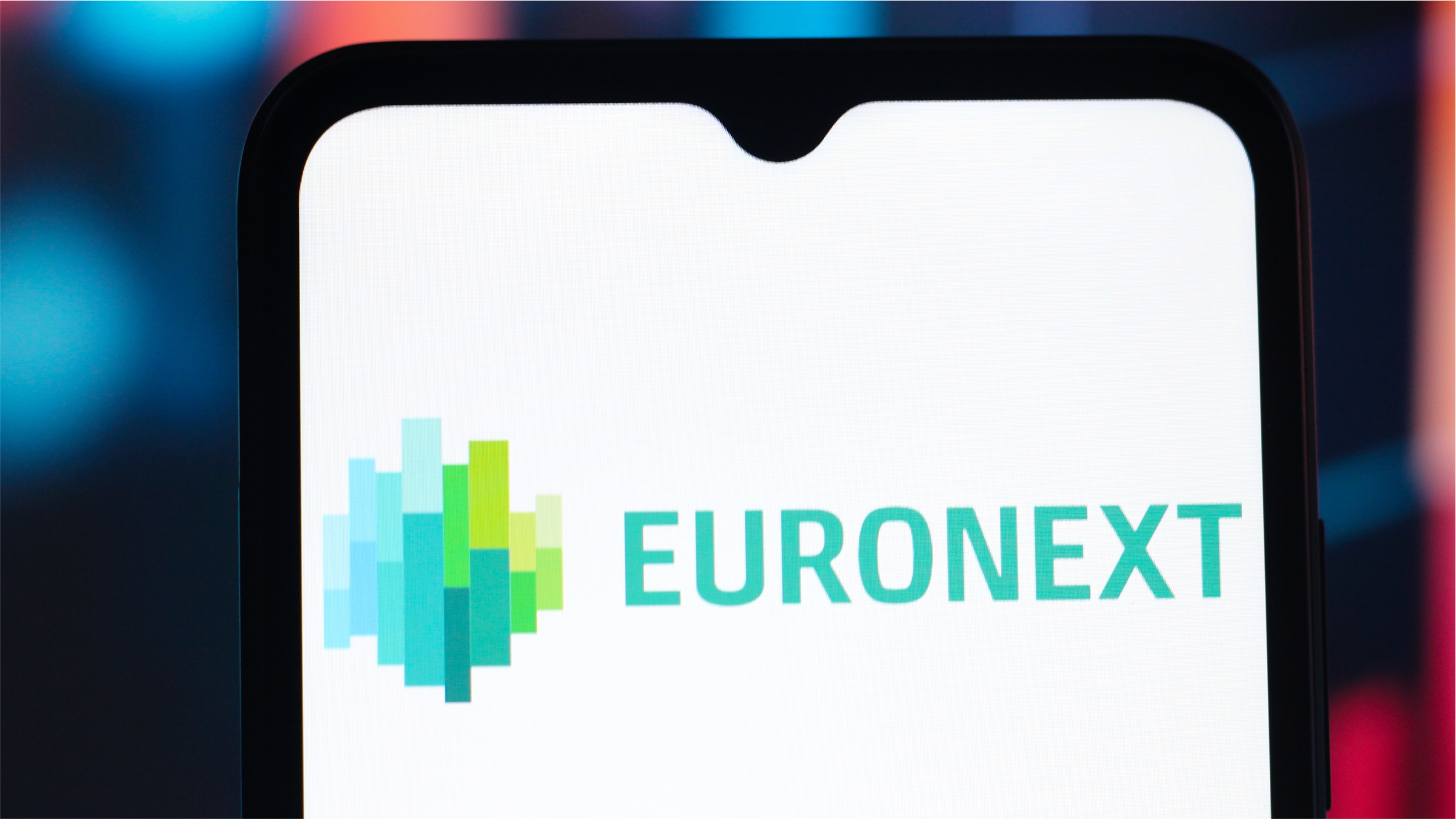 The Euronext logo is seen displayed on a smartphone screen.